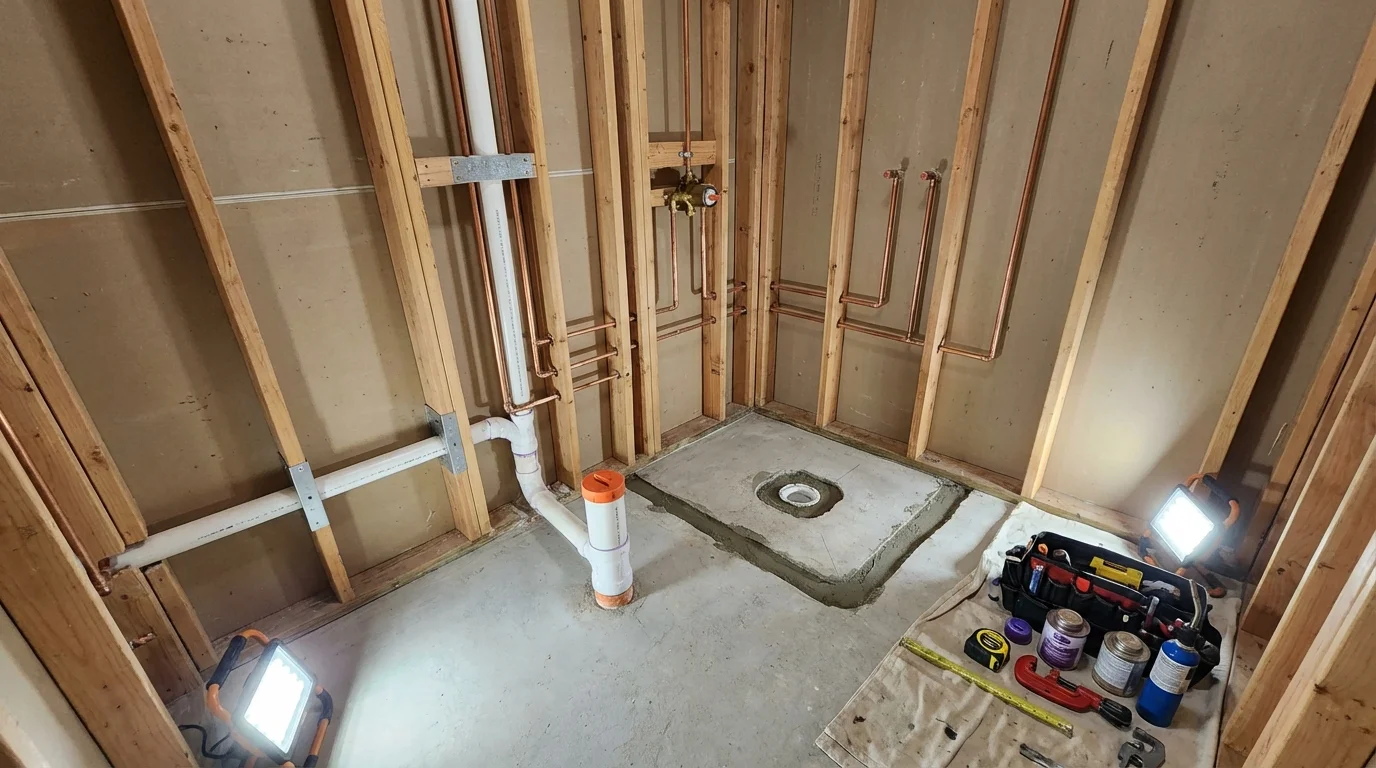 Bathroom rough-in plumbing during remodel by Johns Plumbing LLC in Calistoga