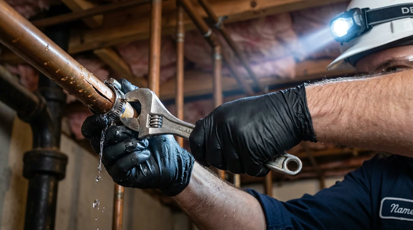 Emergency pipe clamp repair being performed by a Johns Plumbing LLC plumber in Calistoga
