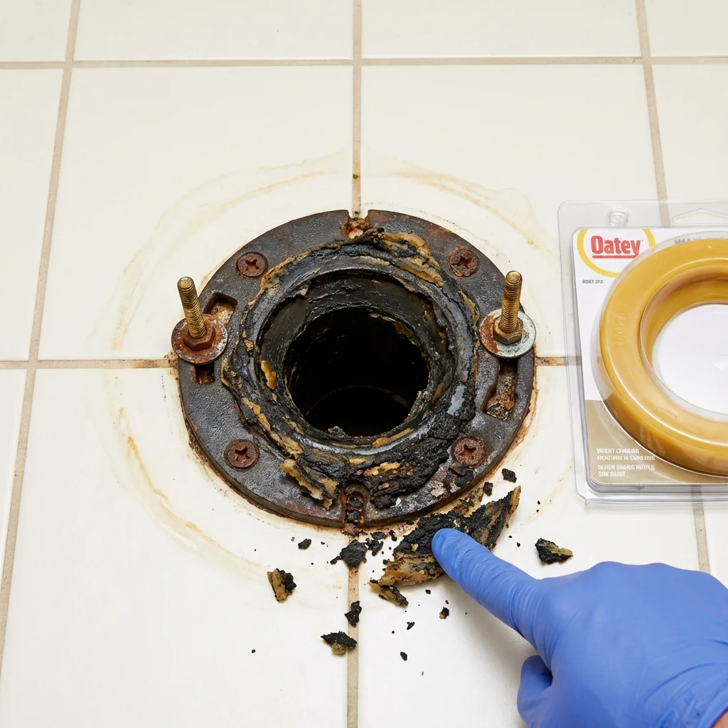 Failed wax ring showing water seepage at the base of a toilet in a Calistoga, CA home