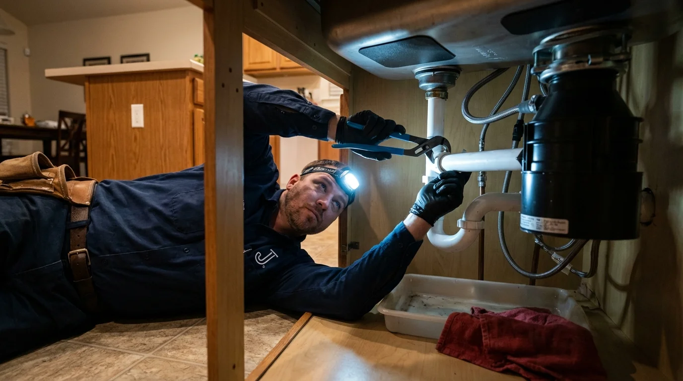 P-trap and supply line connections under a kitchen sink showing a common leak point in Calistoga, CA